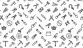 Tool vector seamless pattern. Hammer, spanner, and saw.